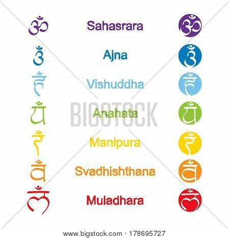 set of color icons with  names of chakras in Sanskrit for your design