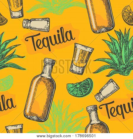 Seamless pattern of glass and botlle tequila, glass, salt, cactus and lime on yellow background. Vintage vector engraving illustration for label, poster, web, invitation to party