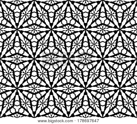 Vector monochrome seamless pattern, black & white mosaic geometric texture, repeat tiles. Abstract geometrical background with frostwork, snowy figures. Stylish design for print, decoration, textile, fabric. cloth