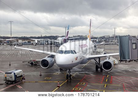 COLOGNE GERMANY - MAR 9 2017: GermanWings Airbus A319-100 at the gate of Cologne Airport Germany