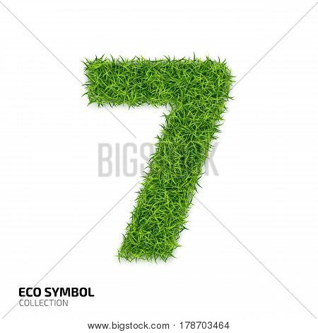 Grass number Seven isolated on white background. Symbol 7 with the green lawn texture. Eco symbol collection. Vector illustration