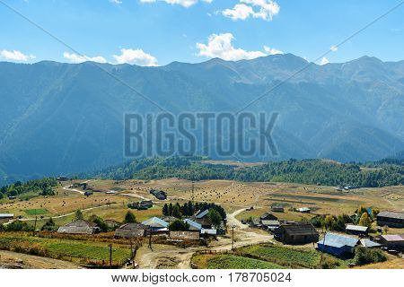 View On Mountains And Omalo Village. Georgia