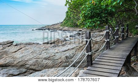Wooden walkway and viewpoint along the coastline to peninsula at Khao Laem Ya National Park , Rayong , Thailand