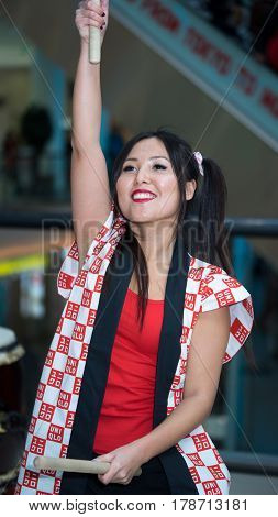 Moscow, Russia - March 25, 2017: Group Of Japanese Taiko Drummers Girls Perform In Kaleidoscope Shop