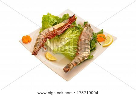 Delicious fresh boiled shrimp on a white plate