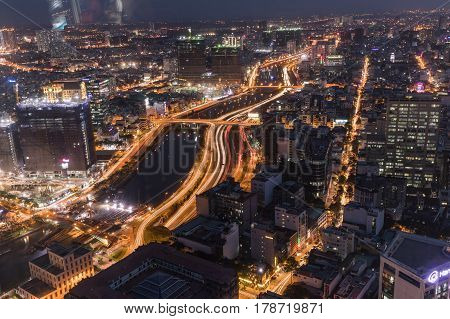 SAIGON VIETNAM - March 27 2017. Cityscape of Saigon downtown viewed from top of building. Saigon (Ho Chi Minh city) is the largest city in Vietnam with population around 10 million people.