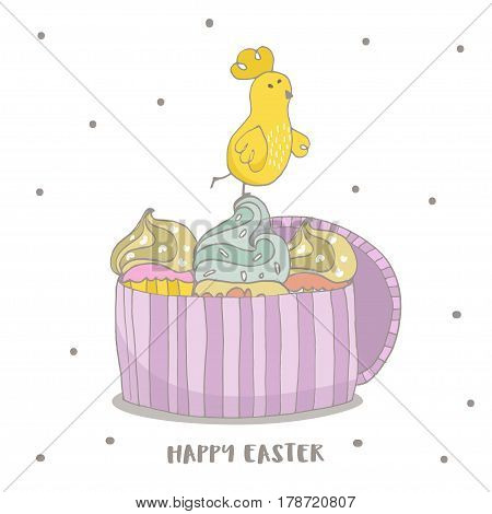 Happy Easter greeting background with cute two chicks friend in frame. Hand drawn vector Illustration.