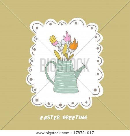 Easter greeting background with watering can and flowers. Hand drawn vector Illustration.