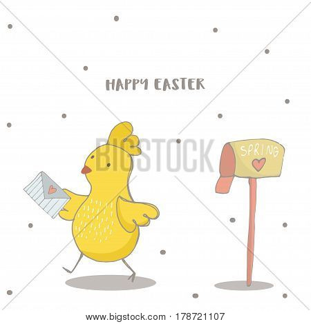 Happy Easter greeting background with cute chick with Love letter. Hand drawn vector Illustration.