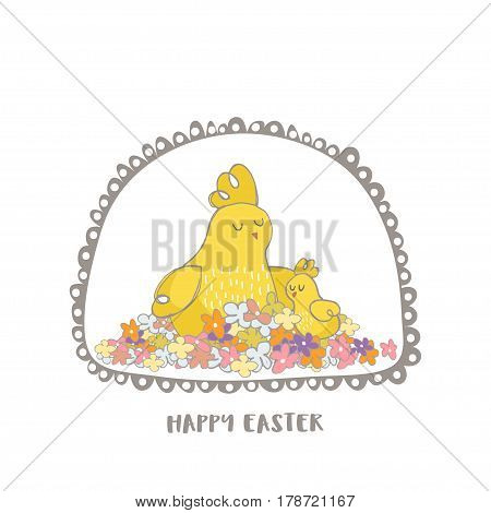 Happy Easter greeting background with cute Mommy chicken and little chicks. Hand drawn vector Illustration.