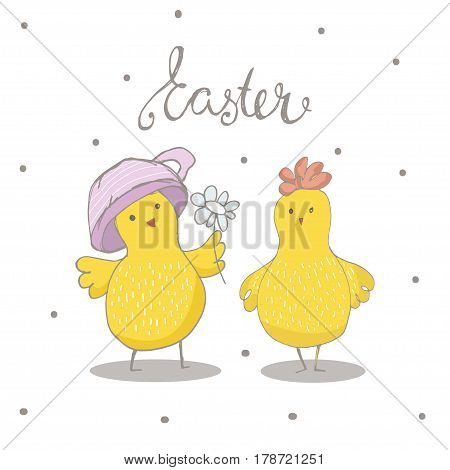 Happy Easter greeting background with cute two chicks. Hand drawn vector Illustration.
