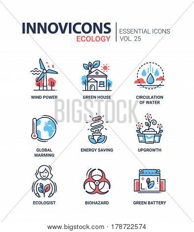 Ecology - modern color vector single line icon set. Wind power, green house, circulation of water, global warming, energy saving, upgrowth, ecologist, biohazard, battery