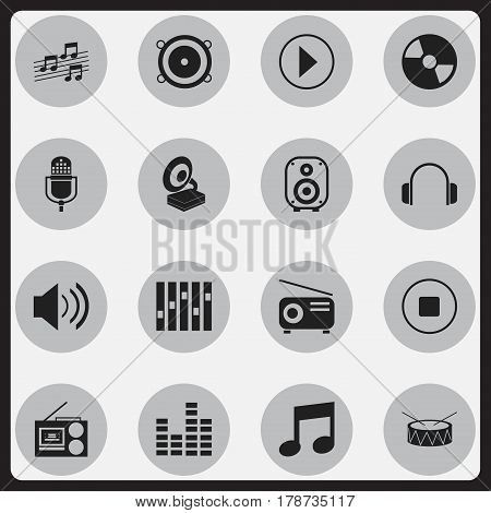 Set Of 16 Editable Sound Icons. Includes Symbols Such As Phonograph, Snare, Musical Sign And More. Can Be Used For Web, Mobile, UI And Infographic Design.