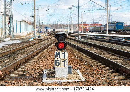 SAMARA RUSSIA - MARCH 26 2017: View of the railway track at the Samara railway station in sunny day