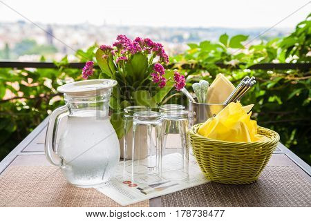 Served table in cafe. The outdoor terrase