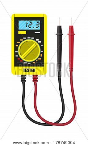 Digital multimeter with measuring probe. Electrical multitester. Testing voltages on electronic equipment. Vector illustration in flat style