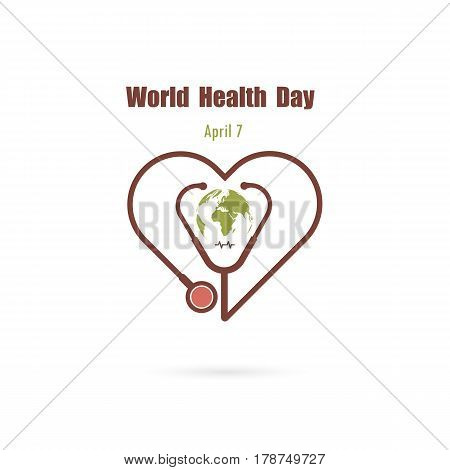 Globe sign and stethoscope icon with heart shape vector logo design template.World Health Day icon.World Health Day idea campaign concept for greeting card and poster.Vector illustration