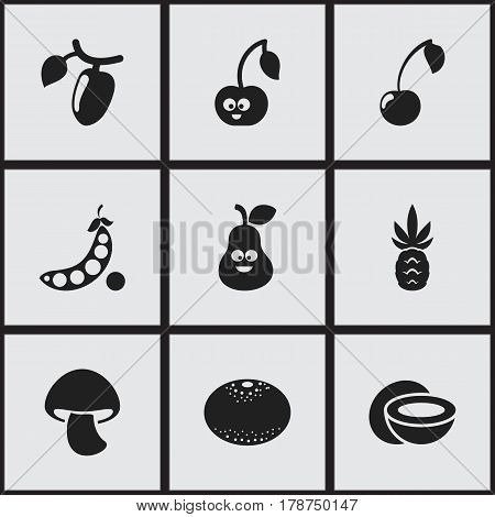 Set Of 9 Editable Food Icons. Includes Symbols Such As Orange, Cokernut, Mushroom And More. Can Be Used For Web, Mobile, UI And Infographic Design.