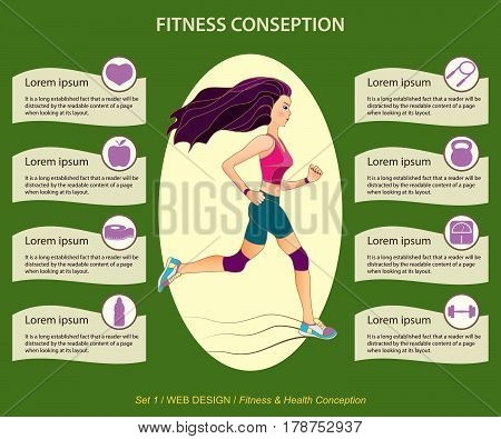 Young pretty running girl fitness and health conception web design. Vector icons.