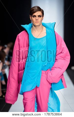 MOSCOW RUSSIA - MARCH 15 2017: Model walk runway for DESIGNER NIKOLAY LEGENDA catwalk at Fall-Winter 2017-2018 at Mercedes-Benz Fashion Week Russia. Men's fashion.