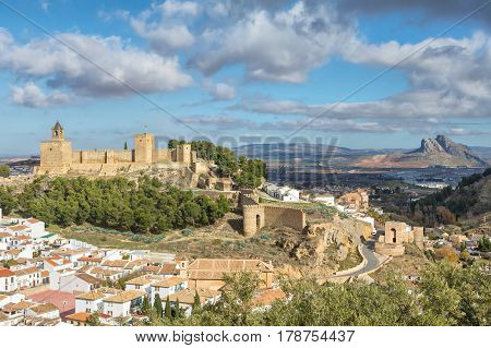 Cityscape of Antequera with moorish fortress Alcazaba Malaga province Andalusia Spain