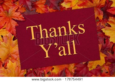 Thank You Greeting Card Some fall leaves and a greeting card with text Thanks Y'all