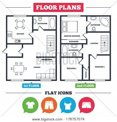 Architecture plan with furniture. House floor plan. Clothes icons. T-shirt and bermuda shorts signs. Swimming trunks symbol. Kitchen, lounge and bathroom. Vector