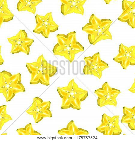 Seamless pettern with star fruit carambola isolated on white background. Illustration of tropical plant.