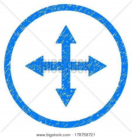 Quadro Arrows grainy textured icon inside circle for overlay watermark stamps. Flat symbol with dirty texture. Circled vector blue rubber seal stamp with grunge design.