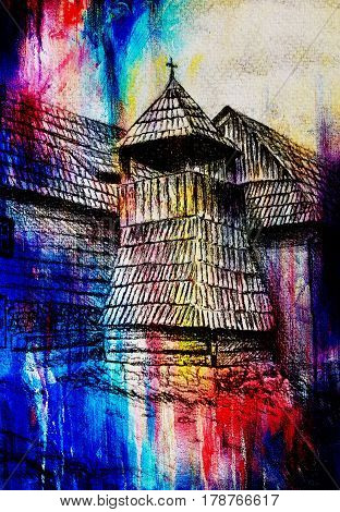idylic willage houses with wooden belfry, pencil drawing on paper with color effect