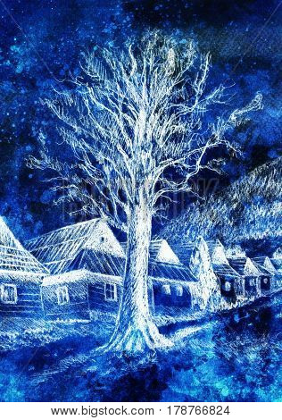 lime tree in old time mountain willage, pencil drawing collage with winter effect