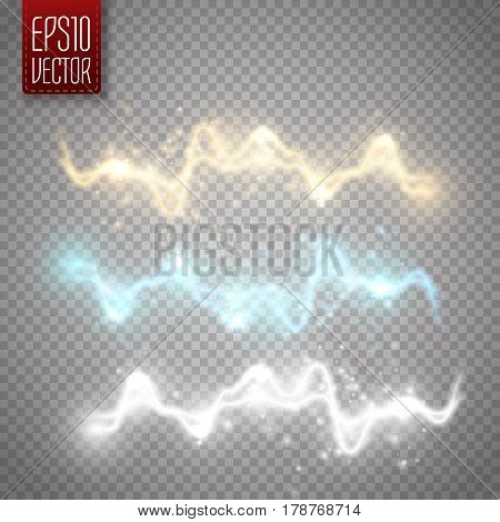Set of golden, white and blue abstract energy shock effect with many glowing particles. Electric discharge isolated on transparent background. Vector illustration for your design
