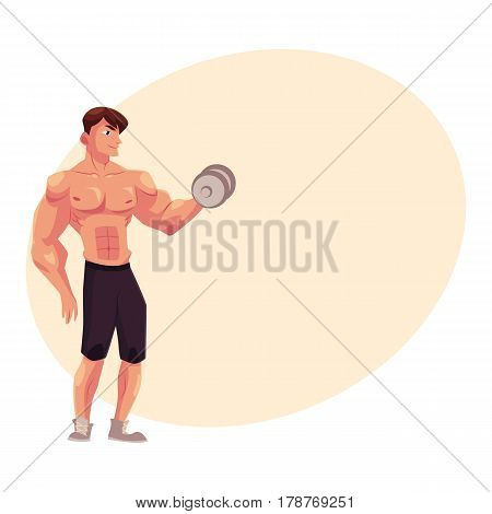 Young shirtless man, male bodybuilder, weightlifter doing bicep workout, training arms with dumbbell, cartoon vector illustration with place for text. Male bodybuilder doing bicep workout