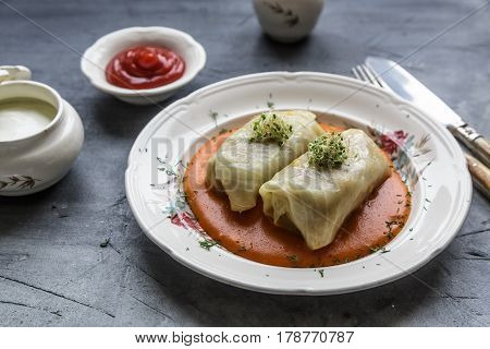 Traditional polish dish - golabki. Cabbage leaves stuffed with minced meat and rice.