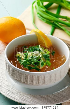 Consomme broth traditional French broth. selective focus