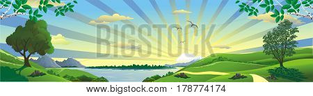 Panorama landscape - a view of the lake from the hill. Birch branches. The trees on the hill. The mountains and the lake on the horizon. Vector illustration