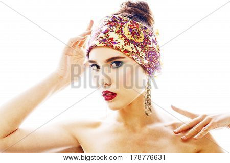 young pretty modern girl with bright shawl on head emotional posing isolated on white background, asian people ethnicity
