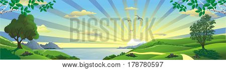 Panorama landscape sunrise over the Bay. Birch branches. The trees on the hill. The mountains and the lake on the horizon. Vector illustration