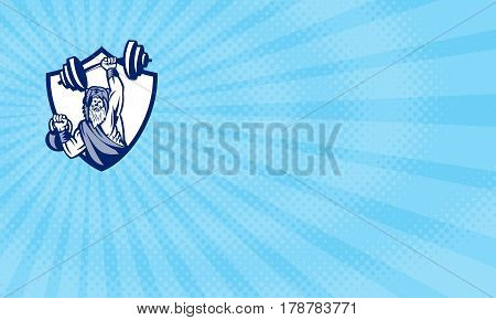 Business card showing Illustration of a berserker a champion Norse warrior wearing pelt of bear skin lifting barbell and kettlebell viewed from front set inside shield crest done in retro style.