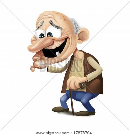 happy old bold man walking with stick