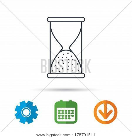 Hourglass icon. Sand end time sign. Hour ends symbol. Calendar, cogwheel and download arrow signs. Colored flat web icons. Vector