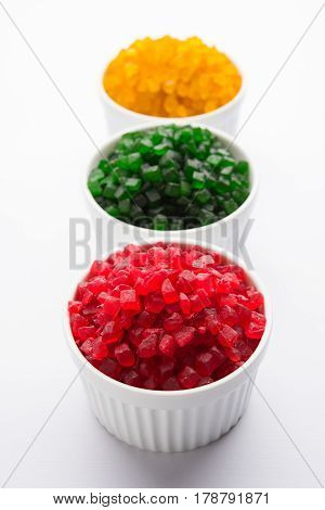 Sweet Fruit Candy Also Know As tutti-frutti, Candied Fruits served in a bowl used in masala pan in india or in cakes or sweets