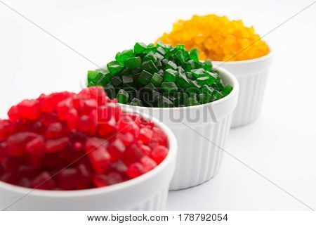 Sweet Fruit Candy Also Know As tutti-frutti, Candied Fruits served in a bowl used in masala pan in india or in cakes or sweets