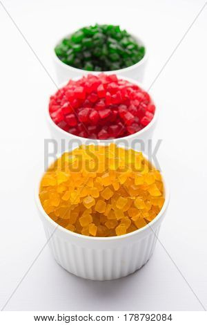 Sweet Fruit Candy Also Know As tutti-frutti, Candied Fruits served in a bowl used in masala pan in india or in cakes or sweets