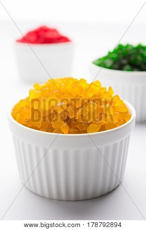 Sweet Fruit Candy Also Know As tutti-frutti, Candied Fruits served in a bowl used in masala pan in india or in cakes or sweets