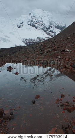 View of the Antisana volcano, reflected in a lagoon on a cloudy day in the Antisana Ecological Reserve - Ecuador