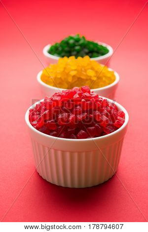 Sweet Fruit Candy Also Know As tutti-frutti, Candied Fruits served in a bowl used in masala pan in india or in cakes or sweets