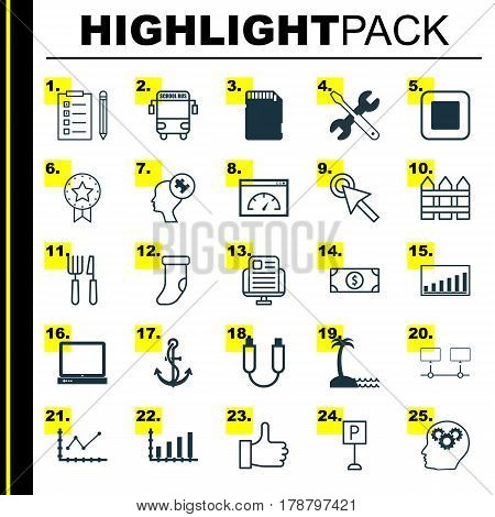 Set Of 25 Universal Editable Icons. Can Be Used For Web, Mobile And App Design. Includes Elements Such As Island Beach, Portable Memory, Stop Button.