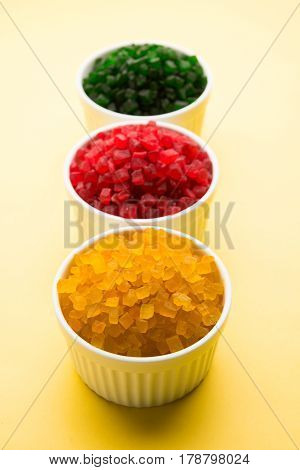 Sweet Fruit Candy Also Know As tutti-frutti, Candied Fruits served in a bowl used in masala pan in india or in cakes or sweets