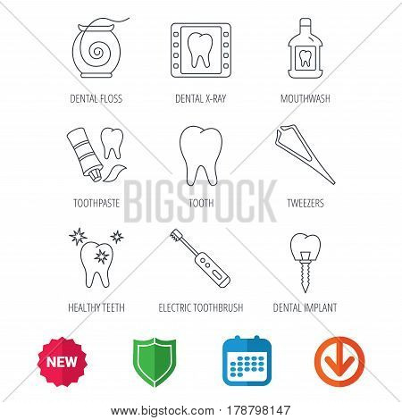 Dental floss, tooth and implant icons. Mouthwash, x-ray and toothpaste linear signs. Electric toothbrush. New tag, shield and calendar web icons. Download arrow. Vector